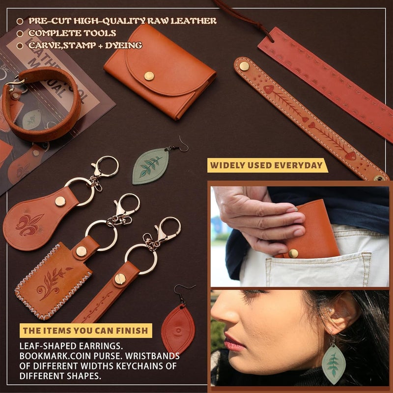CBHGFEA Leather Crafting Kit: Leather Working Tools and Supplies for DIY Craft Beginners Stamping Dyeing Carving Sewing Edge Sealing with Video Tutorials for Earrings Wallet Keychain Wristband Bookmark - Image 4